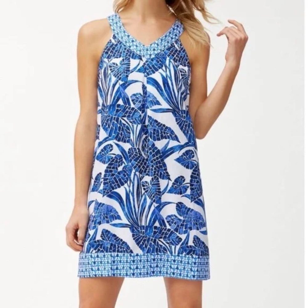 Tommy Bahama 100% Linen Mosaic Palm Tropical Print Shift Dress - Size S